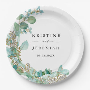 Elegant Greenery Eucalyptus Watercolor Wedding Pappteller