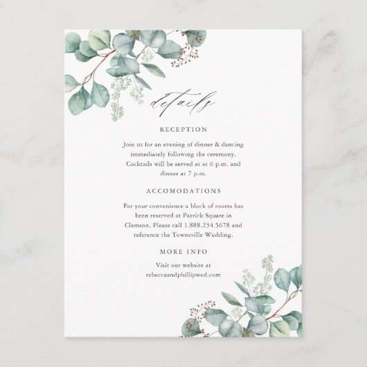 Elegant Greenery Eucalyptus Wedding Details Begleitkarte (Vorderseite)