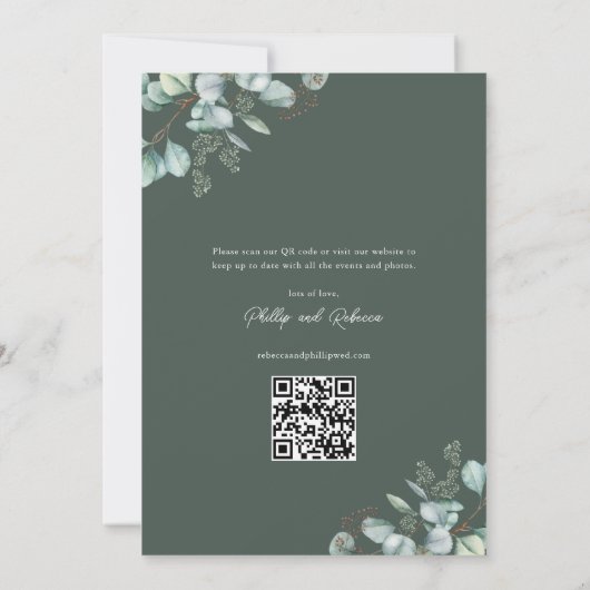 Elegant Greenery Eucalyptus Wedding Foto QR Code Save The Date (Rückseite)