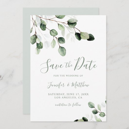 Elegant Greenery Eucalyptus Wedding Save The Date (Vorne/Hinten)