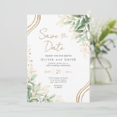 Elegant Greenery Eucalyptus Wedding Save the Date Einladung (Stehend Vorderseite)