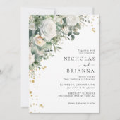 Elegant Greenery Eucalyptus White Rose Wedding Einladung (Vorderseite)