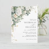 Elegant Greenery Eucalyptus White Rose Wedding Einladung (Stehend Vorderseite)