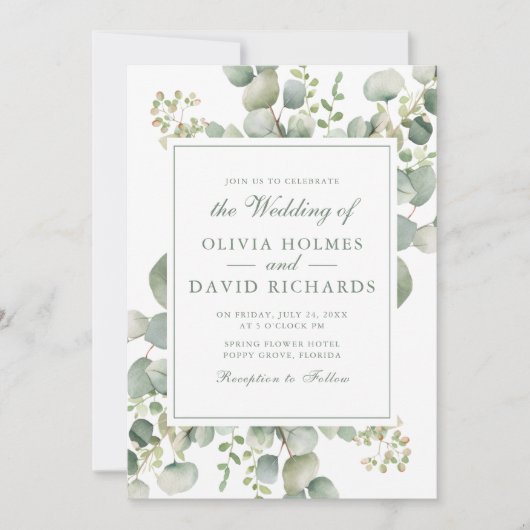 Elegant Greenery Eukalyptus Botanische Hochzeit Einladung (Vorderseite)