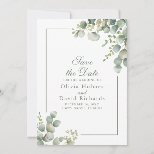 Elegant Greenery Eukalyptus Botanische Hochzeit Save The Date (Vorderseite)