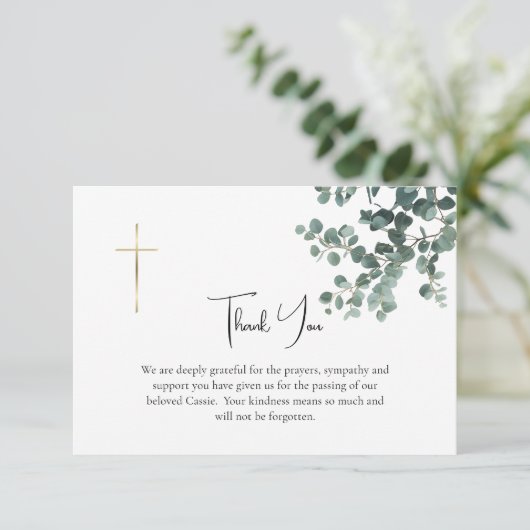 Elegant Greenery Eukalyptus Katholische Beerdigung Dankeskarte (Stehend Vorderseite)