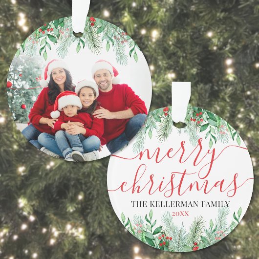 Elegant Greenery Family Foto Frohe Weihnachten Ornament