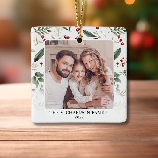 Elegant Greenery Family Photo Christmas Keramikornament