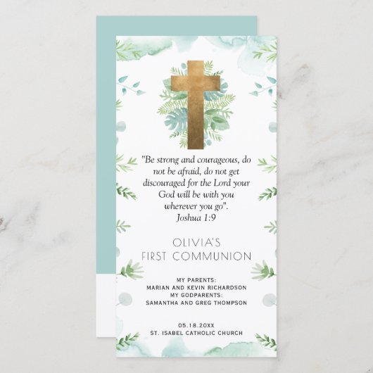 Elegant Greenery First Communion Lesezeichen Gefal Dankeskarte (Vorne/Hinten)