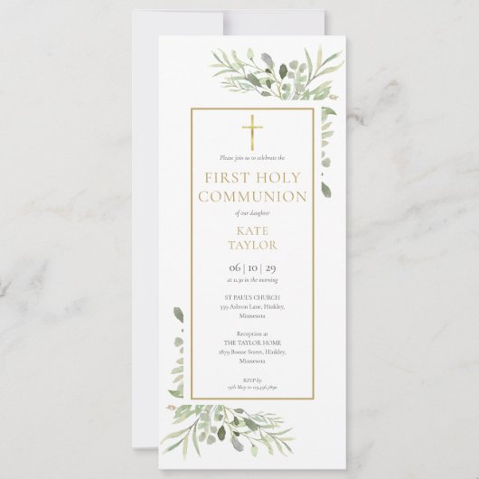 Elegant Greenery First Holy Communion Einladung (Vorderseite)