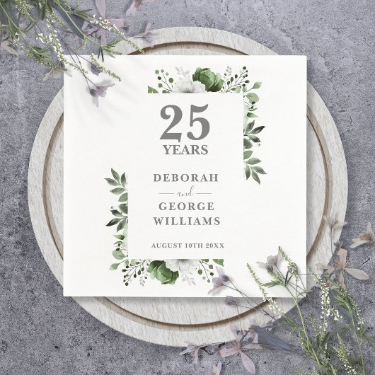 Elegant Greenery Floral 25. Hochzeitstag Serviette