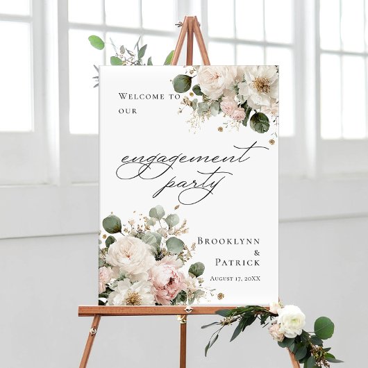 Elegant greenery floral Engagement Party welcome Poster
