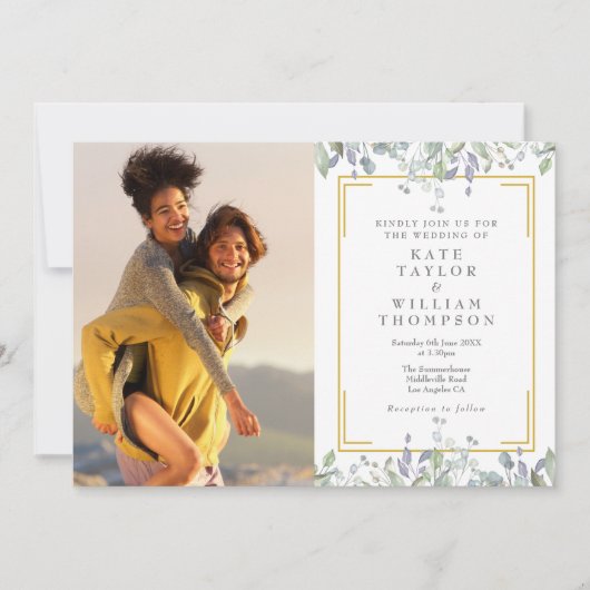 Elegant Greenery Floral Foto QR Code Wedding Einladung (Vorderseite)