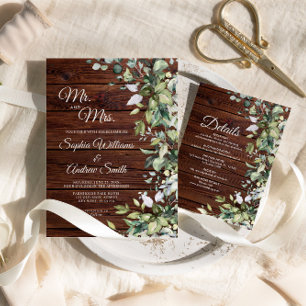 Elegant Greenery Floral Rustic Wood Wedding Einladung