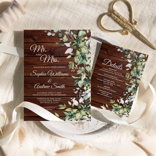 Elegant Greenery Floral Rustic Wood Wedding Einladung