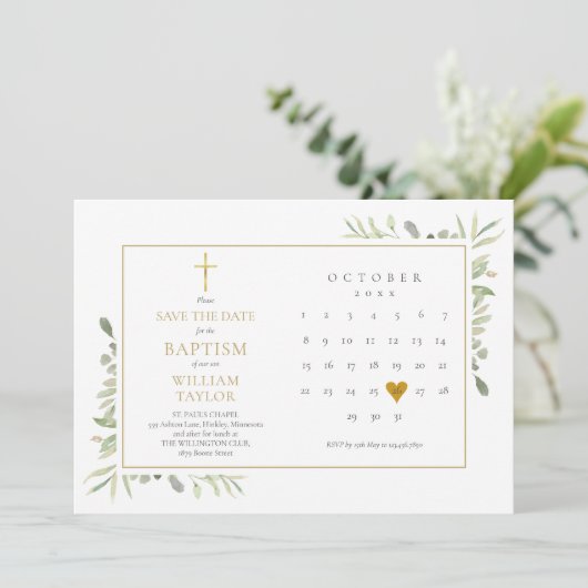 Elegant Greenery Floral Taufe Christening Save The Date (Stehend Vorderseite)