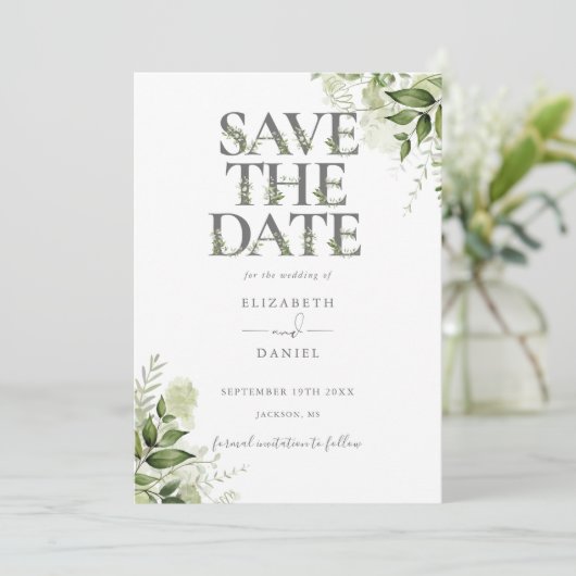 Elegant Greenery Floral Typografy Wedding Save The Date (Stehend Vorderseite)