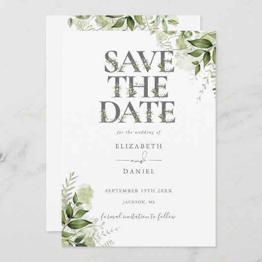 Elegant Greenery Floral Typografy Wedding Save The Date (Vorne/Hinten)