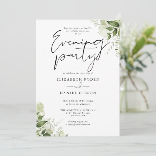 Elegant Greenery Floral Wedding Abend Party Einladung (Stehend Vorderseite)