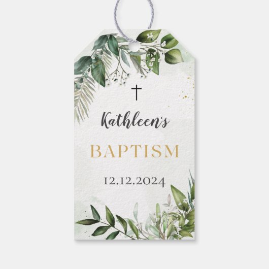 Elegant Greenery Foliage Baptisse Geschenkanhänger (Rückseite)
