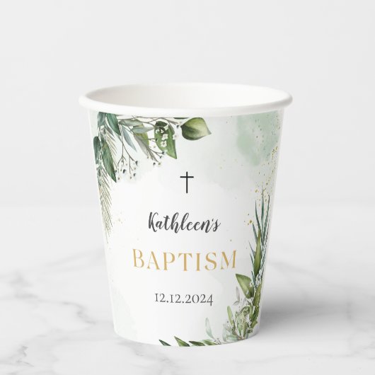 Elegant Greenery Foliage Baptisse Pappbecher (Vorderseite)