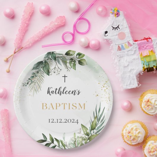 Elegant Greenery Foliage Baptisse Pappteller (Party)