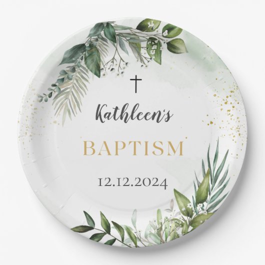 Elegant Greenery Foliage Baptisse Pappteller (Vorderseite)