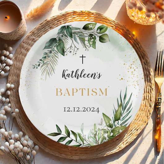 Elegant Greenery Foliage Baptisse Pappteller