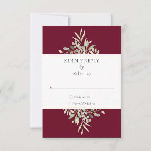 Elegant Greenery Foliage Burgundy Wedding RSVP Karte (Vorderseite)