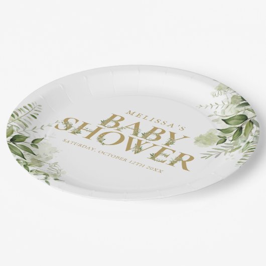 Elegant Greenery Foliage Gold Baby Shower Pappteller (Schrägansicht)