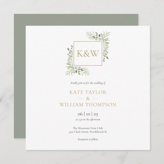 Elegant Greenery Foliage Monogram Square Wedding Einladung (Vorne/Hinten)