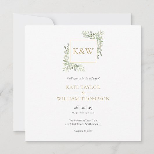 Elegant Greenery Foliage Monogram Square Wedding Einladung (Vorderseite)