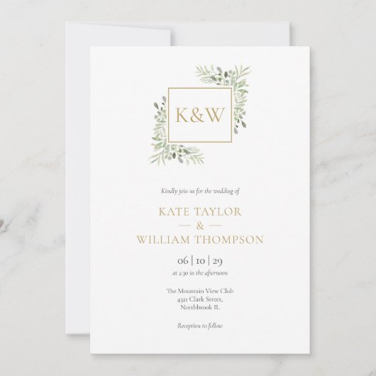 Elegant Greenery Foliage Monogram Wedding Einladung (Vorderseite)