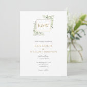 Elegant Greenery Foliage Monogram Wedding Einladung (Stehend Vorderseite)