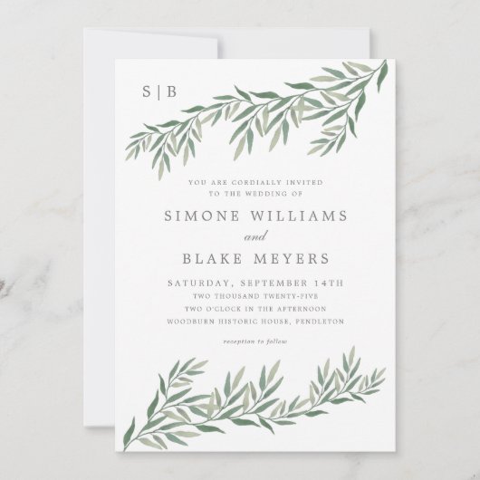 Elegant Greenery Foliage Wedding Einladung (Vorderseite)