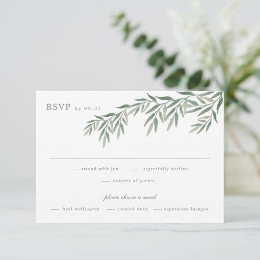 Elegant Greenery Foliage Wedding RSVP Karte (Stehend Vorderseite)