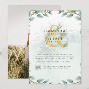 Elegant Greenery FOTO Wedding Einladung QR CODE