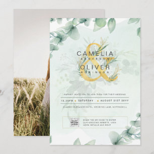 Elegant Greenery FOTO Wedding Einladung QR CODE
