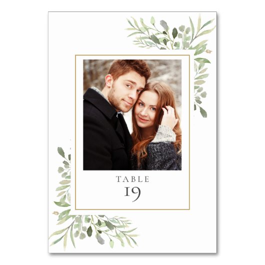 Elegant Greenery Foto Wedding Tischnummer (Vorderseite)