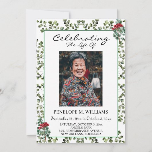 Elegant Greenery Funeral Order of Service Program Einladung (Vorderseite)