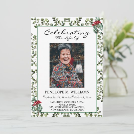 Elegant Greenery Funeral Order of Service Program Einladung (Stehend Vorderseite)