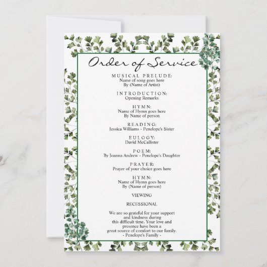 Elegant Greenery Funeral Order of Service Program Einladung (Rückseite)