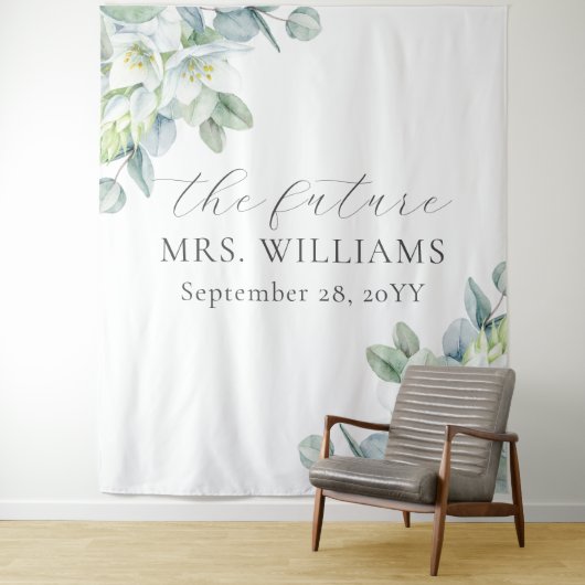 Elegant Greenery Future Mrs. Foto Booth Hintergrun Wandteppich (Beispiel)