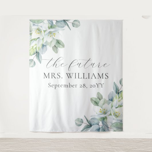 Elegant Greenery Future Mrs. Foto Booth Hintergrun Wandteppich (Vorderseite)