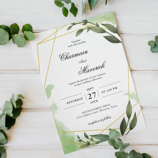 Elegant Greenery Geo Frame Eukalyptus Leaf Wedding Einladung