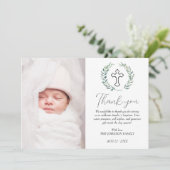 Elegant Greenery Girl Boy Baptism Foto Dankeskarte (Stehend Vorderseite)