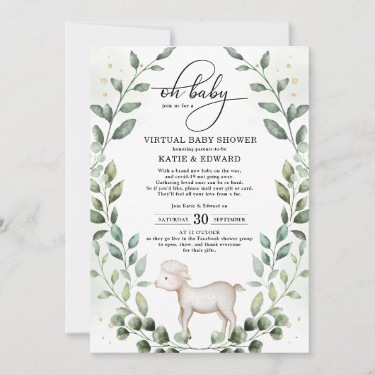 Elegant Greenery Gold Baby Lamb Virtual Shower Einladung (Vorderseite)