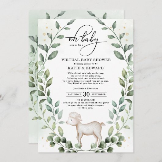 Elegant Greenery Gold Baby Lamb Virtual Shower Einladung (Vorne/Hinten)