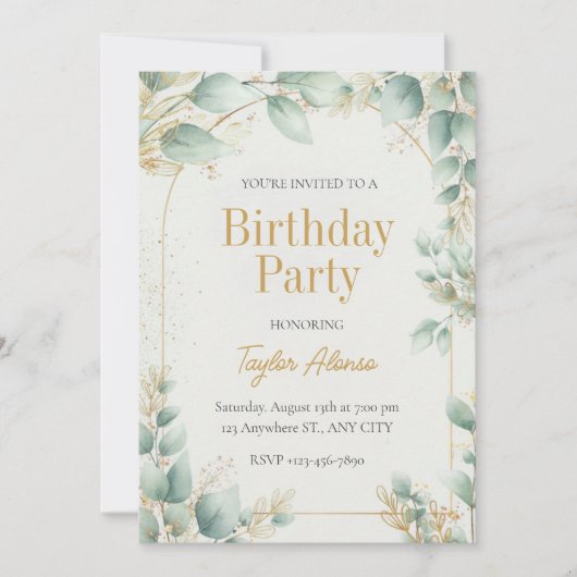 Elegant Greenery Gold Birthday Invitation Einladung (Vorderseite)