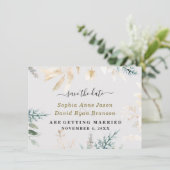 Elegant Greenery Gold Blätter Hochzeitkalligraphie Save The Date (Stehend Vorderseite)